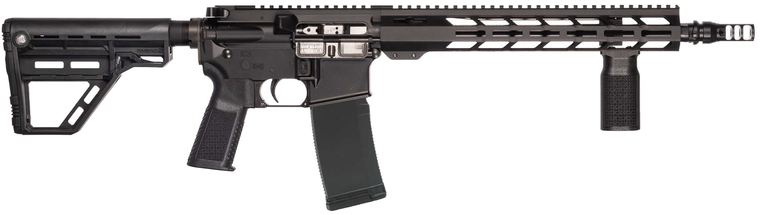 Black AR-style rifle with magazine and vertical foregrip