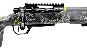 Camouflage bolt-action rifle with yellow accents and muzzle brake