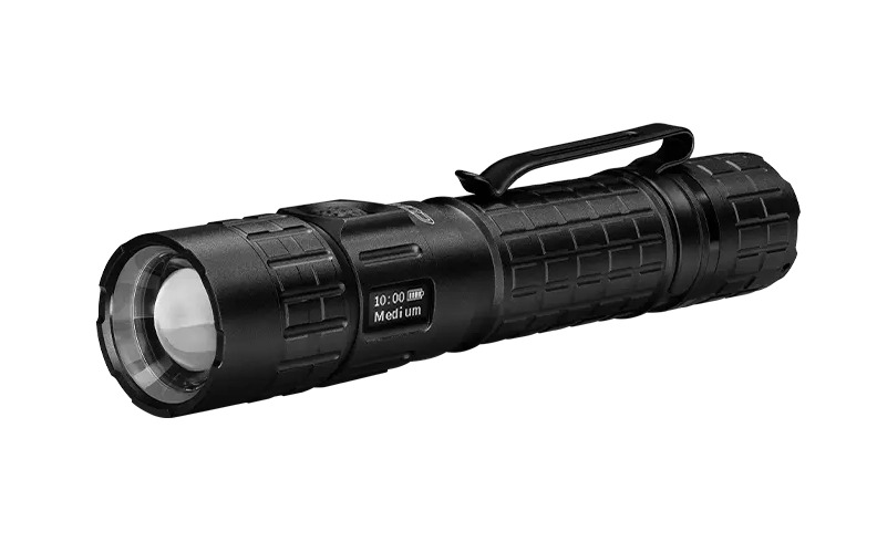 Black rechargeable flashlight with pocket clip on white background