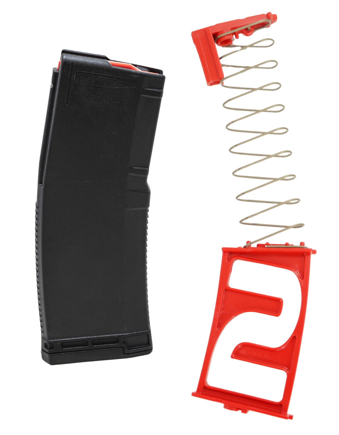 Disassembled black rifle magazine with red follower, spring, and baseplate