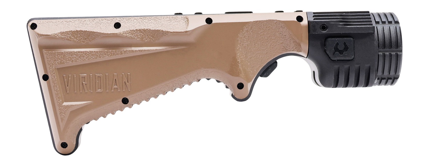 Tan Viridian adjustable rifle stock with black rubber buttpad