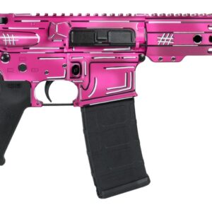 Pink and black AR-style firearm with brace