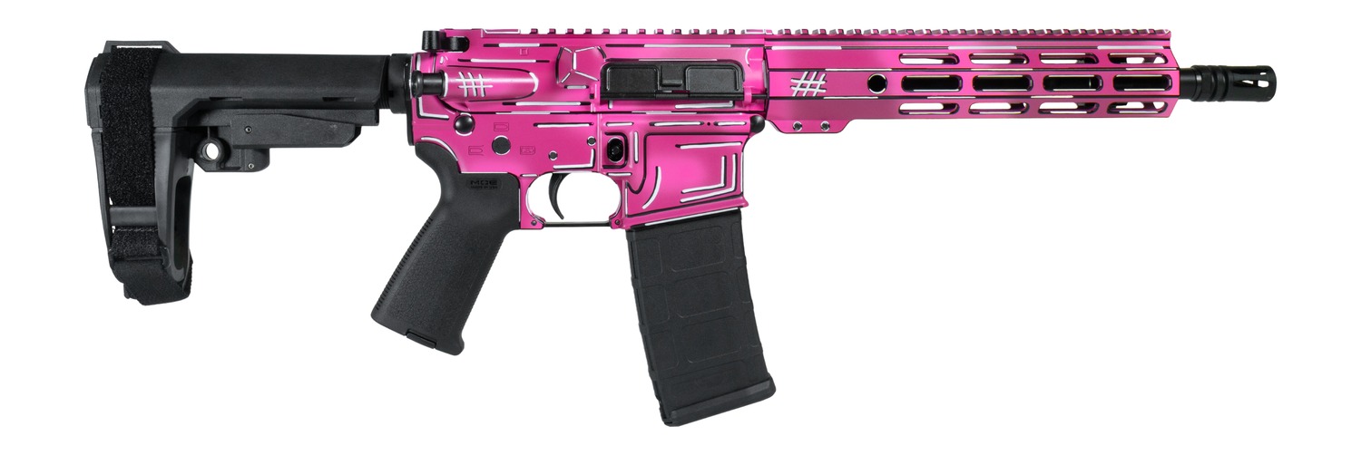 Pink and black AR-style firearm with brace