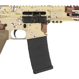 Camouflaged AR-style rifle with brace and black magazine