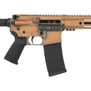 Tan AR-style rifle with black brace and magazine