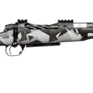Gray camouflage bolt-action rifle with mounted scope rail