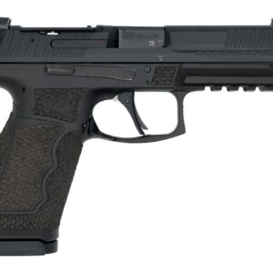 Black 9mm semi-automatic handgun shown in side profile