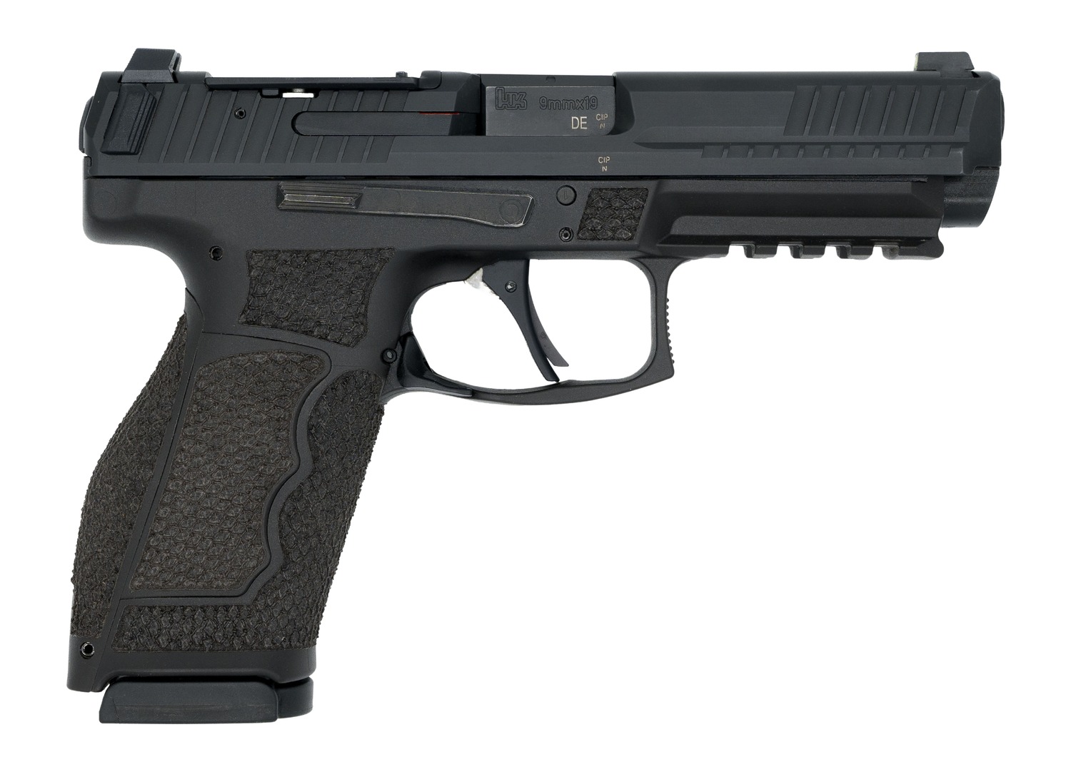 Black 9mm semi-automatic handgun shown in side profile