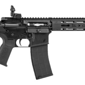 Black AR-style rifle with adjustable stock and suppressor