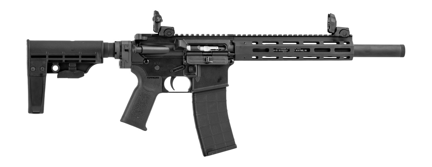 Black AR-style rifle with adjustable stock and suppressor