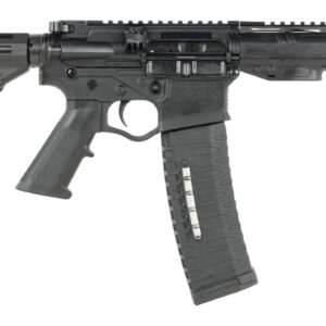 Black AR-style rifle with folding stock and magazine