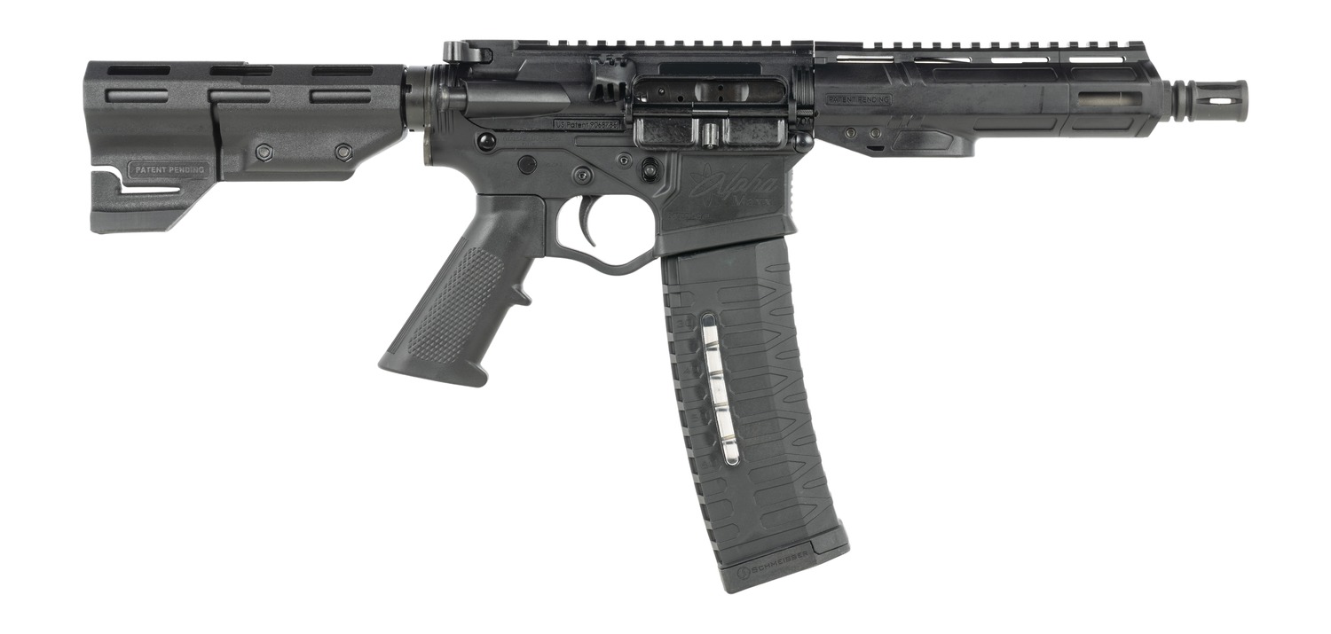 Black AR-style rifle with folding stock and magazine