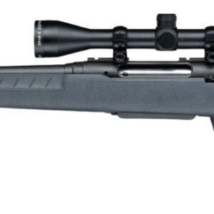 Black bolt-action rifle with mounted scope on white background
