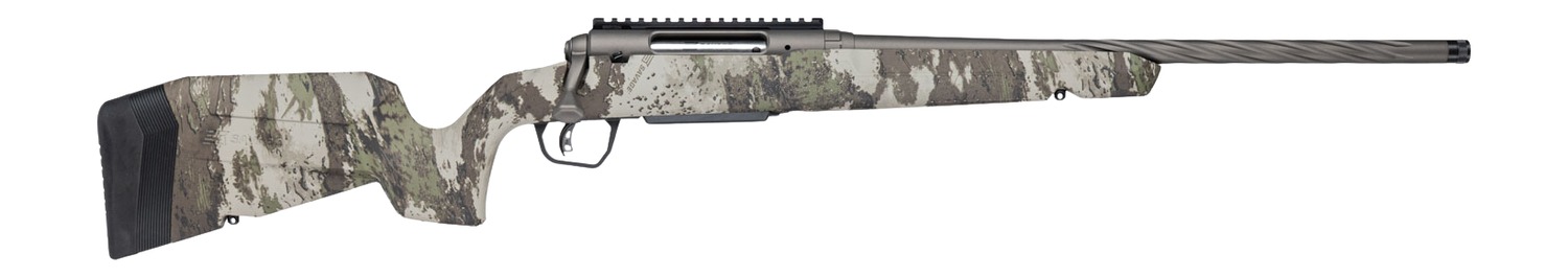 Camouflage-pattern bolt-action hunting rifle with long barrel