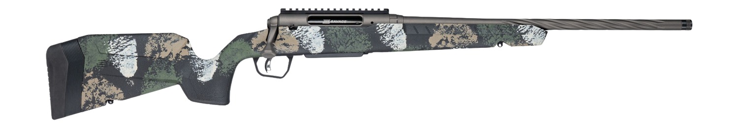 Camouflage-patterned bolt-action hunting rifle with black barrel