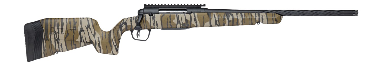 Camouflage-pattern bolt-action rifle with black barrel and scope rail