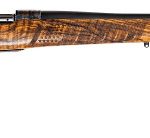 Walnut-stock bolt-action rifle with long black barrel
