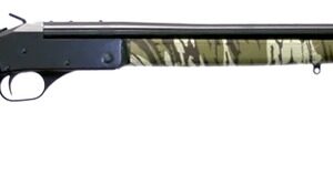 Camouflage-patterned single-shot shotgun on white background
