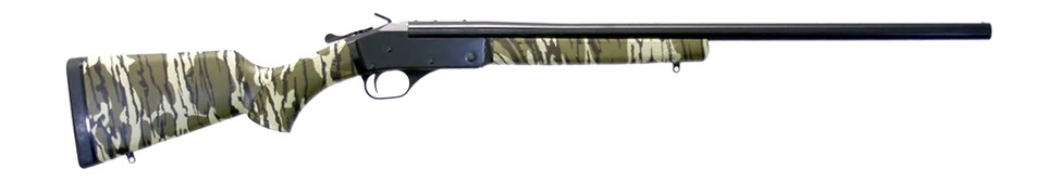Camouflage-patterned single-shot shotgun on white background