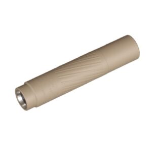 Tan cylindrical firearm suppressor with textured fluting