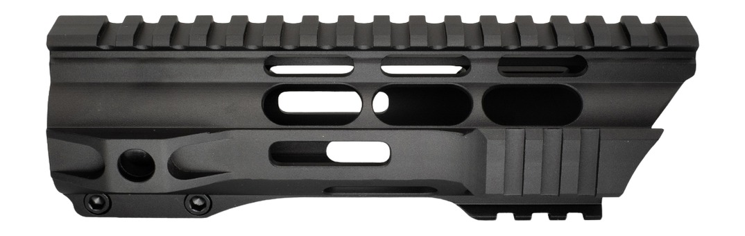 Black tactical rifle handguard with Picatinny rail