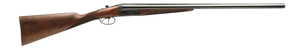 Side view of a wooden-stock double-barrel shotgun