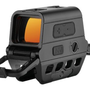Black reflex sight with orange lens and quick-release mount