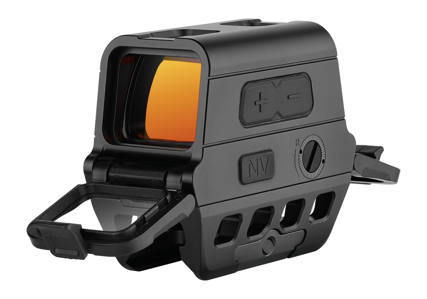 Black reflex sight with orange lens and quick-release mount