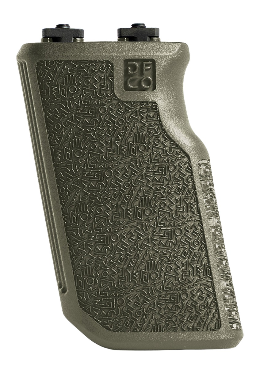 Textured olive-drab angled firearm foregrip with DFCO logo