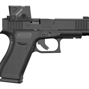 Black Glock pistol with Aimpoint red-dot optic