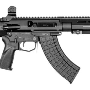 Black tactical rifle with curved magazine on white background