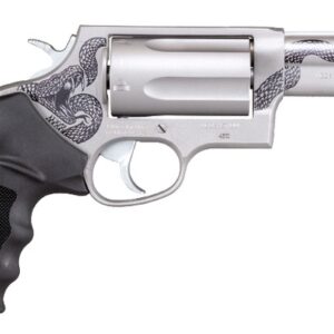 Silver revolver with engraved snake design and black grip