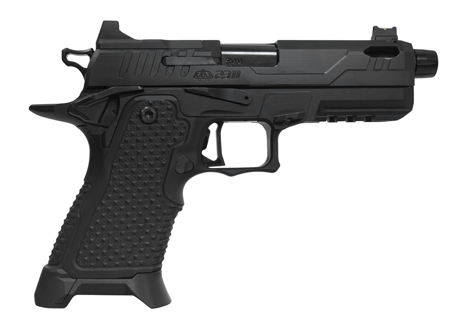 Black 9mm semi-automatic pistol in side profile