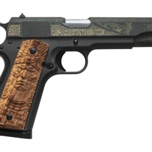 Engraved Aztec-themed Tisas 1911-style pistol with carved grips