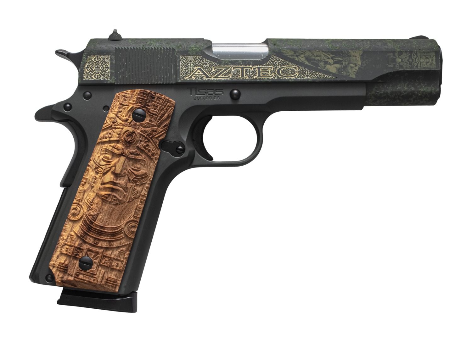 Engraved Aztec-themed Tisas 1911-style pistol with carved grips
