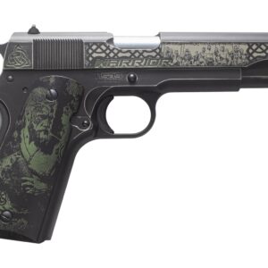 Engraved black 1911-style pistol with Celtic warrior artwork
