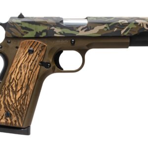 Camouflage-finished semi-automatic pistol with textured wood grip