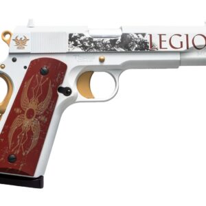 White and gold Legion 1911-style pistol with red grip