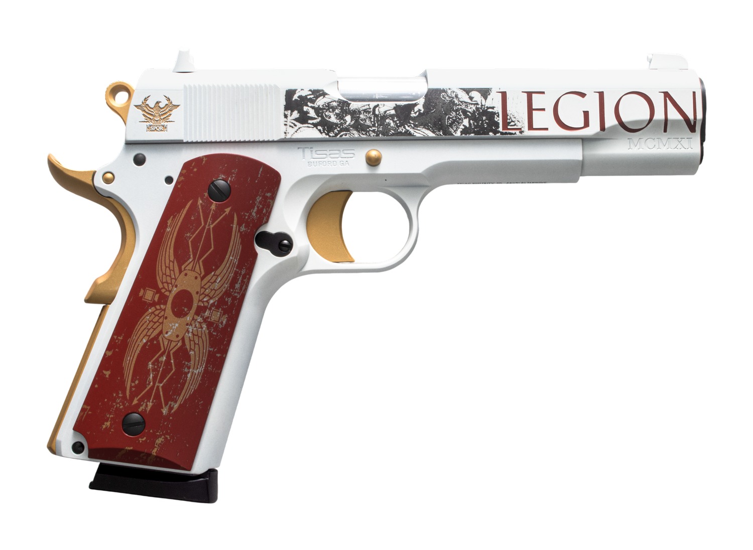 White and gold Legion 1911-style pistol with red grip