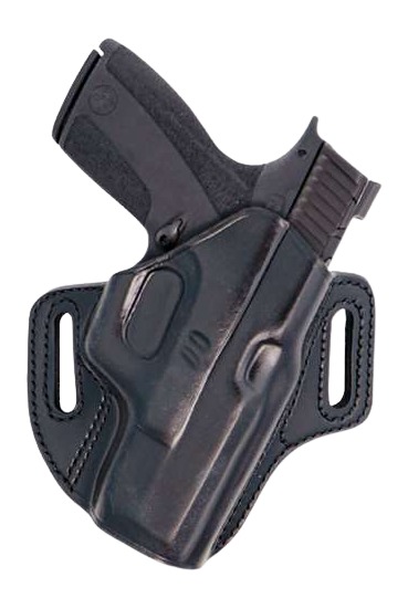 Black leather belt holster holding a semi-automatic pistol