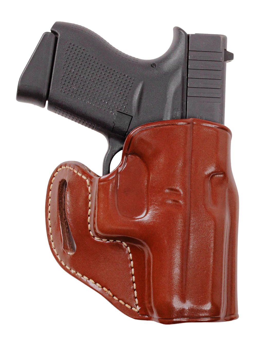 Black handgun in brown leather belt holster