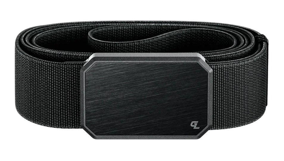 Black woven belt with rectangular metal buckle