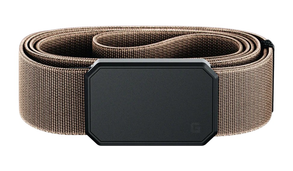 Brown woven belt with matte black rectangular buckle