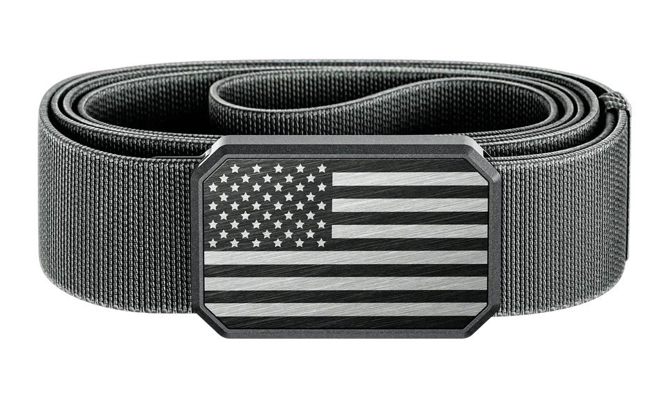 Black web belt with monochrome American flag buckle