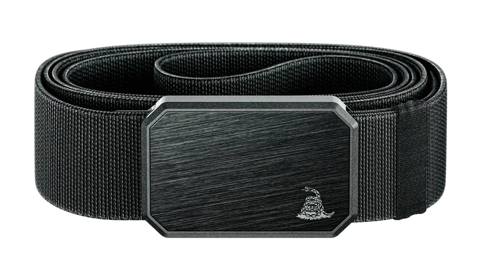 Black nylon belt with brushed metal snake buckle