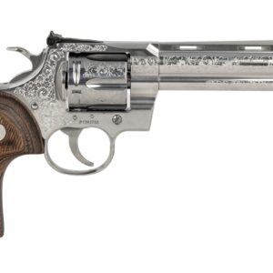Engraved stainless steel revolver with checkered wooden grip