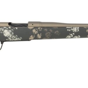 Camouflage bolt-action rifle with long barrel and muzzle brake