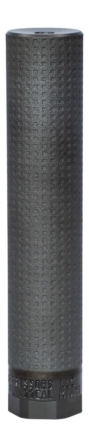 Black cylindrical firearm suppressor with textured grip and hexagonal base
