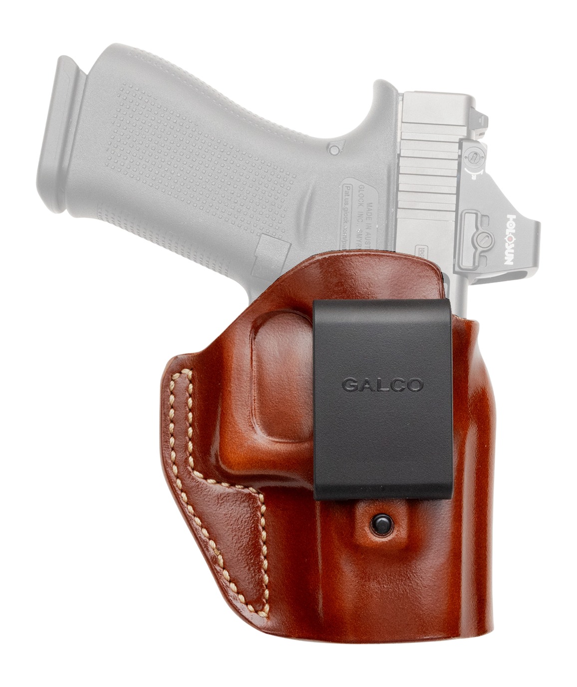 Brown leather Galco holster holding a semi-automatic pistol