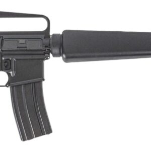 Side view of a black M16-style rifle